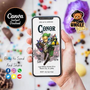 Editable The Legend of Zelda Birthday Electronic Invitation, Mobile Size, Canva Template.