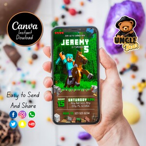 Minecrafter Birthday Invitation | Mine Kids Birthday Mobile Invite, Mine Template Birthday Evite | Editable in Canva Invite Instant Download
