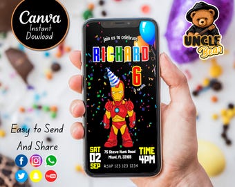 Ironman Birthday Invitation, Superhero Party, Phone Template (Digital)