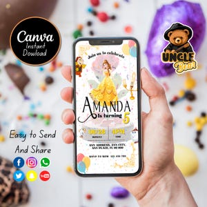 Invito di compleanno modificabile La bella e la bestia per cellulare / Invito per festa di compleanno / Invito di compleanno modificabile Canva / Ragazze del compleanno