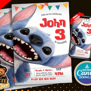Modello di invito di compleanno modificabile con Stitch per dispositivi mobili, inviti per feste di compleanno, invito digitale per feste per bambini, biglietto di invito di compleanno con download immediato