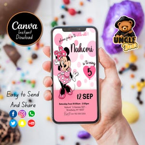 Editable Mobile Minnie Birthday Invitation Template, Birthday Party Invitations, Digital Kids Party Invite, Instant Download Evite Bday Card