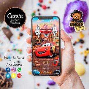 faire-part d'anniversaire voitures | Invitation mobile d'anniversaire d'enfants | Faire-part numérique imprimable sur toile Lightning McQueen Evite, personnalisable et modifiable
