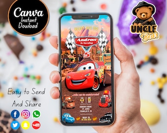 Cars Birthday Invitation | Kids Birthday Mobile Invite | Lightning McQueen Evite, Editable Personalized Canva Printable Digital Invitation