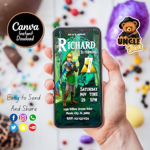 Editable The Legend of Zelda Birthday Electronic Invitation, Mobile Size, Canva Template.