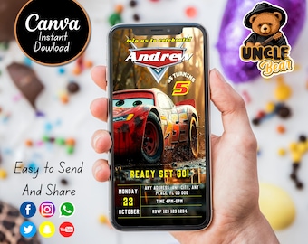 Invitation mobile anniversaire Lightning McQueen | Voitures pour enfants Evite (impression sur toile)
