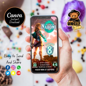 Editable The Legend of Zelda Birthday Electronic Invitation, Mobile Size, Canva Template.