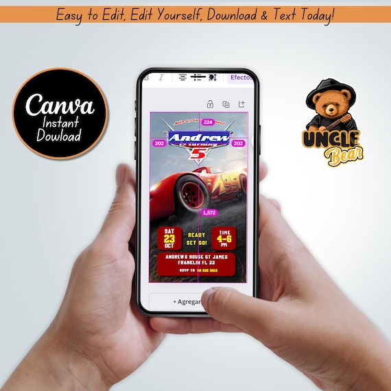 Cars Birthday Invitation | Kids Birthday Mobile Invite | Lightning McQueen Evite, Editable Personalized Canva Printable Digital Invitation