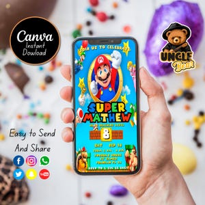 Super Mario Bros Mobile Digital Geburtstagseinladung | Super Mario | Bearbeitbare druckbare Mario-Vorlage | Leinwand Digital Gedruckt
