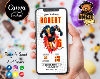 Ironman Birthday Invitation, Super Hero Phone Template (Digital)