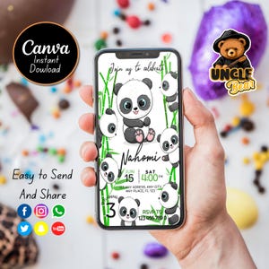 Modèle mobile d'invitation d'anniversaire panda modifiable, invitations de fête d'anniversaire, invitation numérique de fête d'enfants, carte d'anniversaire Evite