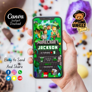 Minecrafter Geburtstagseinladung | Mine Kids Birthday Mobile Einladen, Mine Vorlage Birthday Evite | Bearbeitbar in Canva Invite Sofortdownload