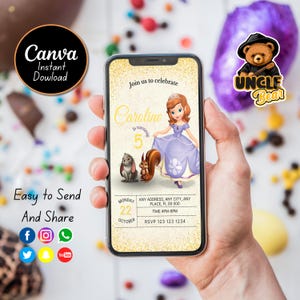 Editable Sofia the first invitation, sofia the first birthday party invitation, sofia princess mobile cell digital birthday party invitation