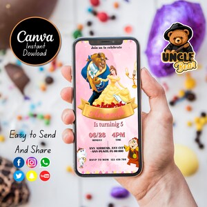 Invito di compleanno modificabile La bella e la bestia per cellulare / Invito per festa di compleanno / Invito di compleanno modificabile Canva / Ragazze del compleanno