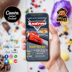 Zaproszenie na urodziny samochodów | Mobilne zaproszenie na urodziny dzieci | Zaproszenie Lightning McQueen Evite, edytowalne spersonalizowane zaproszenie Canva do druku cyfrowego