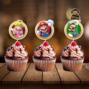 Conjunto de topos de cupcake, 4 topos de cupcake do Mario para impressão, topos de cupcake, Mario, download instantâneo, topo de cupcake do Super Mario