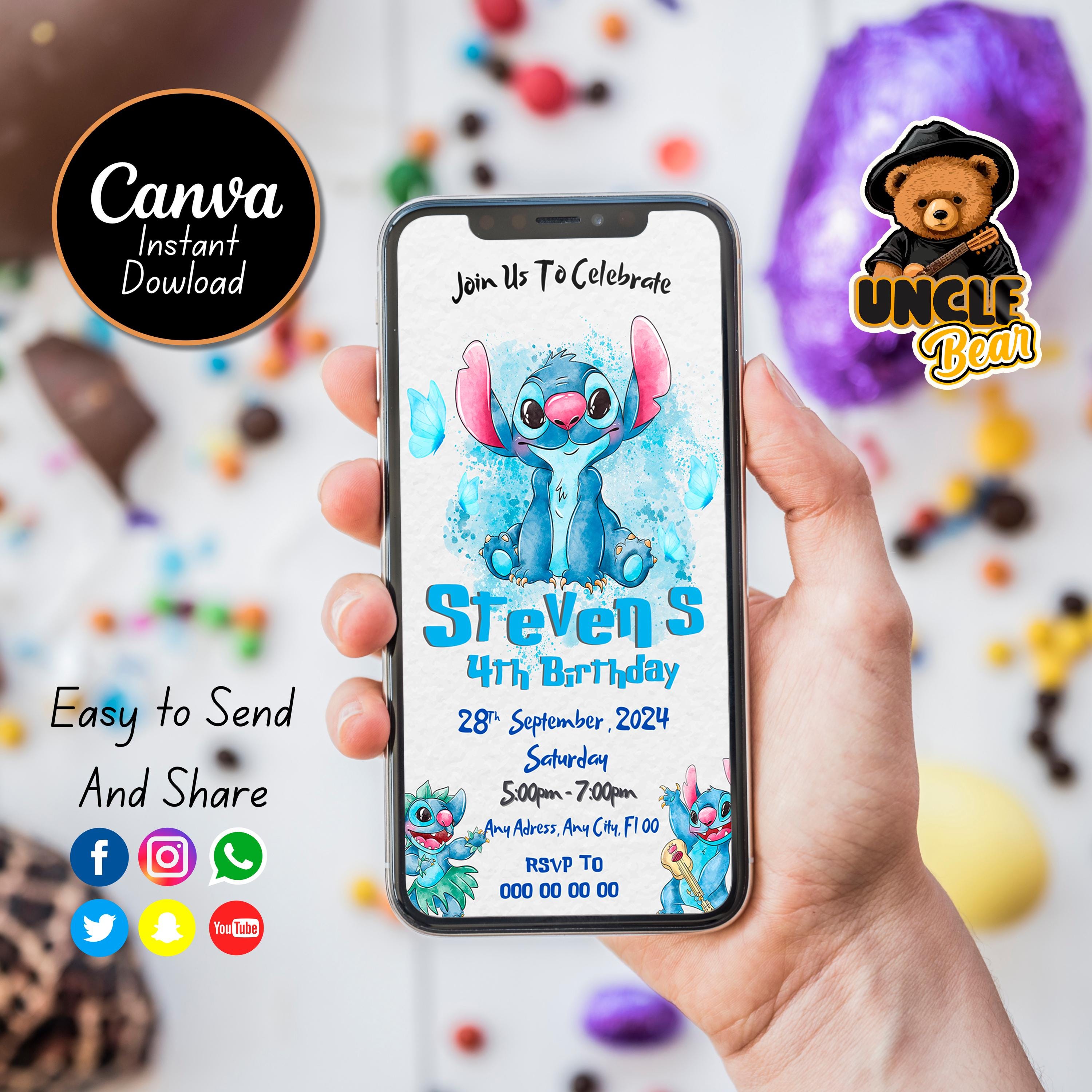 Editable Mobile Stitch Birthday Invitation Template, Birthday Party Invitations, Digital Kids Party Invite, Instant Download Evite Bday Card