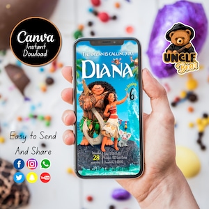 Edytowalne zaproszenie na urodziny Moana Mobile | Szablon zaproszenia na urodziny Moana Baby Kids, dla dziewczynki Evite | Zaproszenie do natychmiastowego pobrania