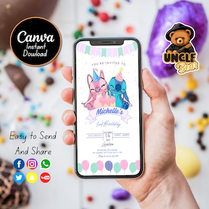 Editable Mobile Stitch Birthday Invitation Template, Birthday Party Invitations, Digital Kids Party Invite, Instant Download Evite Bday Card