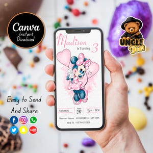 Editable Mobile Minnie Birthday Invitation Template, Birthday Party Invitations, Digital Kids Party Invite, Instant Download Evite Bday Card