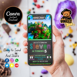 Minecrafter Birthday Invitation | Mine Kids Birthday Mobile Invite, Mine Template Birthday Evite | Editable in Canva Invite Instant Download