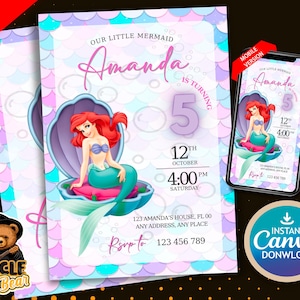 Faire-part d'anniversaire de la petite sirène La petite sirène faire-part fête numérique sur le thème Ariel à imprimer 5 x 7 Mobile e-invitation sirène MODIFIABLE