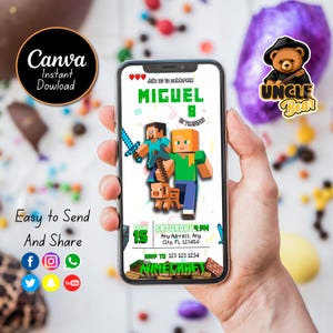 Minecrafter Birthday Invitation | Mine Kids Birthday Mobile Invite, Mine Template Birthday Evite | Editable in Canva Invite Instant Download