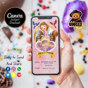 Convite editável Sofia a primeira, convite para festa de aniversário da Sofia a primeira, convite para festa de aniversário digital para celular da princesa Sofia