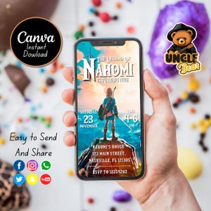 Editable The Legend of Zelda Birthday Electronic Invitation, Mobile Size, Canva Template.