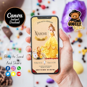 Invito di compleanno modificabile La bella e la bestia per cellulare / Invito per festa di compleanno / Invito di compleanno modificabile Canva / Ragazze del compleanno