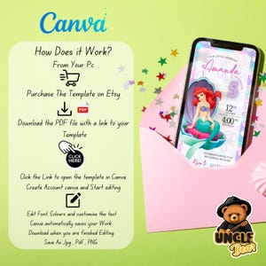 May include: A printable digital invitation for a little mermaid themed 5th birthday party. The invitation features a cartoon image of Ariel, the little mermaid, with a purple 5 and the text "Our Little Mermaid Amanda 5th Birthday". The invitation also includes the date and time of the party, "12th October 4:00pm Saturday", and the address, "123 Amanda's House, Antares Place".