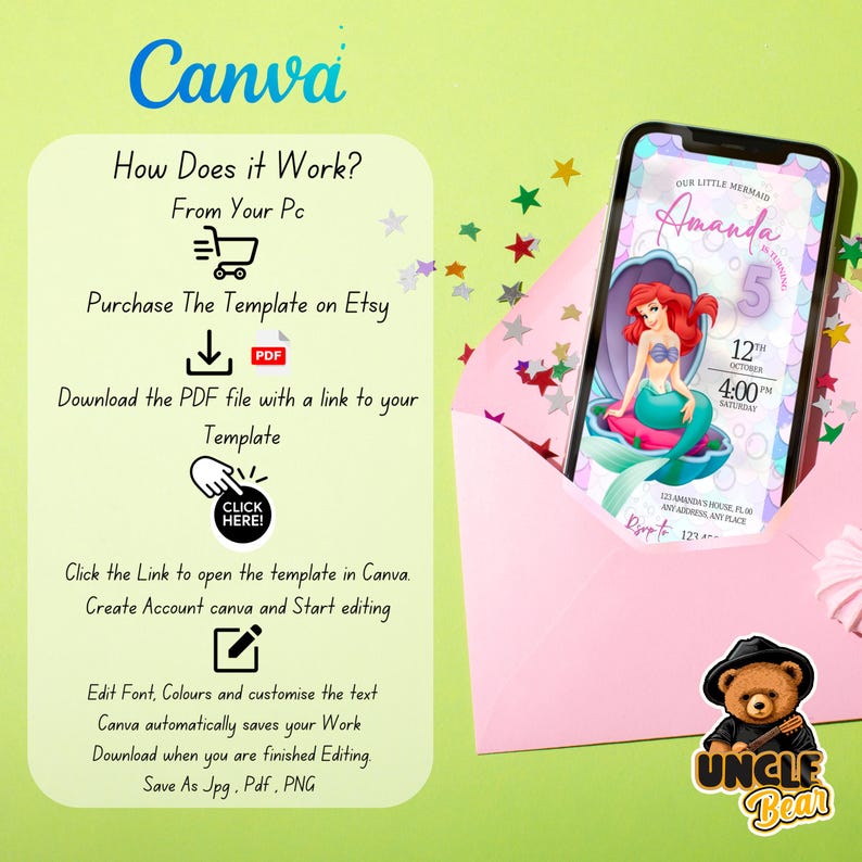May include: A printable digital invitation for a little mermaid themed 5th birthday party. The invitation features a cartoon image of Ariel, the little mermaid, with a purple 5 and the text "Our Little Mermaid Amanda 5th Birthday". The invitation also includes the date and time of the party, "12th October 4:00pm Saturday", and the address, "123 Amanda's House, Antares Place".