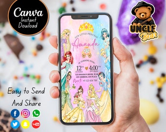 Invitación de cumpleaños editable de princesas Disney, invitación para móvil (descarga digital)
