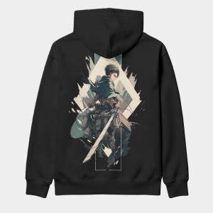 May include: Black hoodie featuring a detailed illustration of a character with a sword, set against a geometric diamond-shaped background. The artwork is in shades of green, brown, and white, creating a striking contrast against the black fabric.