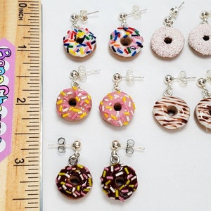 Dangly Donut Earrings with chocolate drizzle, pink frosting, glitter, rainbow sprinkles, silver color hook, gift for students weeb crush