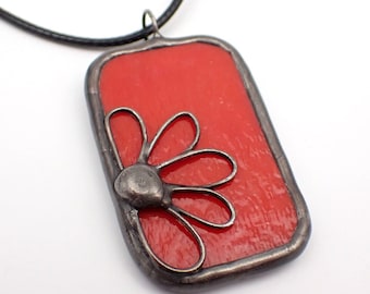 Red Daisy - Stained Glass Pendant with Black Necklace Cord or Chain