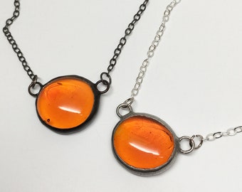 Orange Droplet - Small Stained Glass Nugget Necklace with Sterling Silver Chain (Silver or Black)