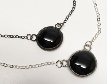 Black Droplet - Stained Glass Nugget Necklace with Sterling Silver Chain (Silver or Black)