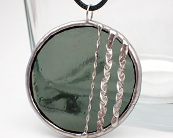 Gray Braids - Stained Glass Pendant with Black Necklace Cord or Chain