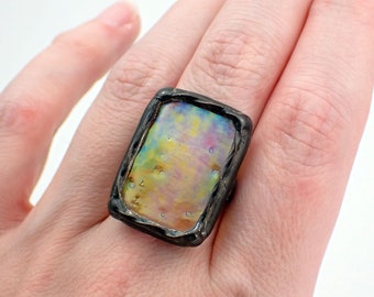 Treasure Chest - Size 10 Sterling Silver Stained Glass Ring