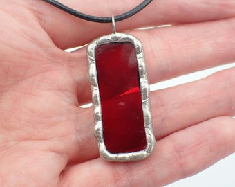 Red Jelly - Stained Glass Pendant with Black Necklace Cord or Chain