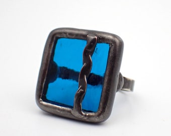 Azure Ripple - Size 8.5 Sterling Silver Stained Glass Nugget Ring