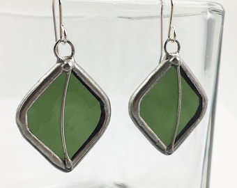 Olive Leaf - Sterling Silver Stained Glass Earrings