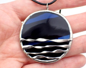 Midnight Tide - Stained Glass Pendant with Black Necklace Cord or Chain