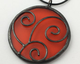 Orange Grove - Stained Glass Pendant with Black Necklace Cord or Chain