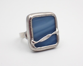 Silent Sea -  Size 8 Sterling Silver Stained Glass Ring