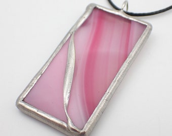 Pink Ribbon - Stained Glass Pendant with Black Necklace Cord or Chain