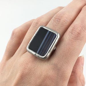 Black Borderlines - Size 11 Stained Glass Ring with Sterling Silver Band