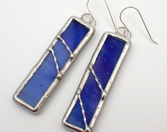 Indigo Vines - Sterling Silver Stained Glass Earrings
