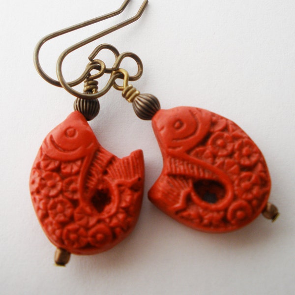 Sale Jewelry under 10/Red Cinnabar Brass Earring/Clearance/Carved Cinnabar/Chinese Cinnabar Jewelry/Asian Earring/Fish bead/Discount/Fall